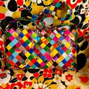 Ladies, handmade shoulder bag with juice and candy box carton from the Caribbean